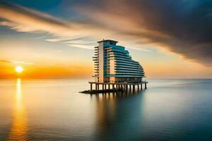 a building sits on top of a pier at sunset. AI-Generated photo