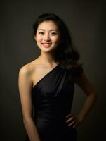 Smiling young woman of Asian descent dressed in elegant dress AI Generative photo