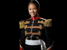 sonriente joven mujer de asiático descendencia vestido en elegante vestir ai generativo foto