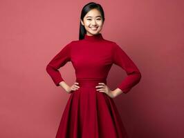 Smiling young woman of Asian descent dressed in elegant dress AI Generative photo