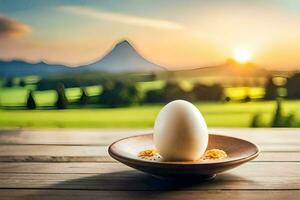 egg in a bowl on a table with a view of the mountains. AI-Generated photo