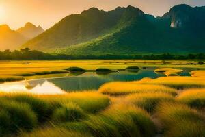 the sun rises over the mountains in the background. AI-Generated photo