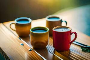 three cups of coffee on a wooden table. AI-Generated photo