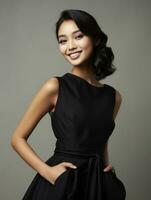 Smiling young woman of Asian descent dressed in elegant dress AI Generative photo