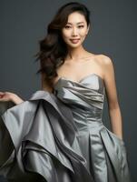 Smiling young woman of Asian descent dressed in elegant dress AI Generative photo