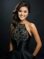 Smiling young woman of Asian descent dressed in elegant dress AI Generative photo