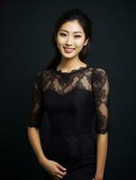 Smiling young woman of Asian descent dressed in elegant dress AI Generative photo