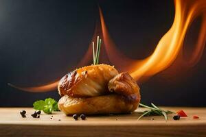 grilled scallops on a wooden board with fire. AI-Generated photo