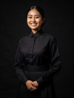 Smiling young woman of Asian descent dressed in elegant dress AI Generative photo