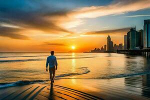 a man walks along the beach at sunset in dubai. AI-Generated photo