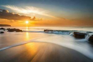 sunset over the ocean with waves crashing into the shore. AI-Generated photo