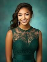 Smiling young woman of Asian descent dressed in elegant dress AI Generative photo