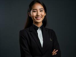 sonriente joven mujer de asiático descendencia vestido en elegante vestir ai generativo foto