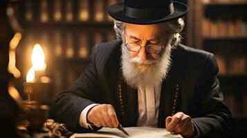 Rabbi reading Torah in synagogue on Hanukkah photo