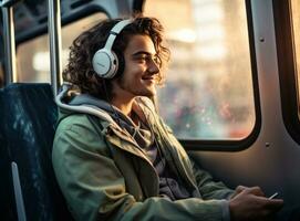 young man with headphones playing music on a phone at bus shelter in street photo