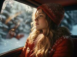 girl sitting in car enjoying winter outdoors photo