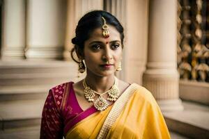 a beautiful indian woman in a yellow sari. AI-Generated photo