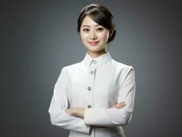 Smiling young woman of Asian descent dressed in elegant dress AI Generative photo