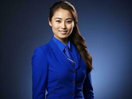 Smiling young woman of Asian descent dressed in elegant dress AI Generative photo