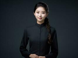 Smiling young woman of Asian descent dressed in elegant dress AI Generative photo