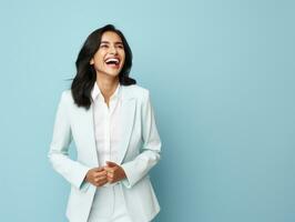 Smiling young woman of Asian descent dressed in elegant dress AI Generative photo