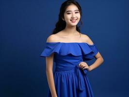 Smiling young woman of Asian descent dressed in elegant dress AI Generative photo