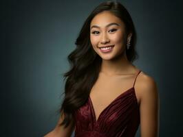 Smiling young woman of Asian descent dressed in elegant dress AI Generative photo