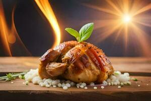 grilled chicken with rice and herbs on a wooden cutting board. AI-Generated photo