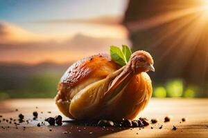 a roasted chicken on a wooden table with a sunset in the background. AI-Generated photo