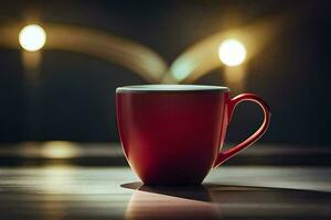 un rojo café taza sentado en un mesa en frente de un iluminado vela. generado por ai foto