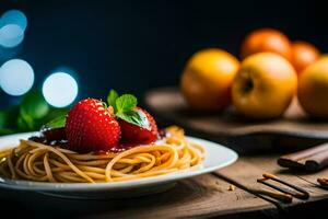 spaghetti with strawberries and mint on a plate. AI-Generated photo