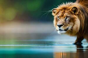 a lion walking across the water. AI-Generated photo