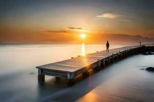 a man standing on a pier at sunset. AI-Generated photo