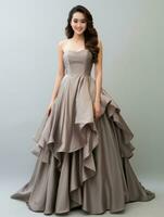 Smiling young woman of Asian descent dressed in elegant dress AI Generative photo