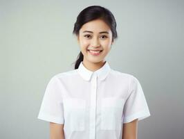 Smiling young woman of Asian descent dressed in elegant dress AI Generative photo