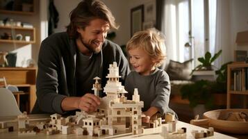 father and son are playing with bricks and blocks photo