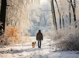 person walking her dog in a woods in snow photo