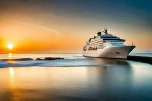 un crucero Embarcacion en el Oceano a puesta de sol. generado por ai foto