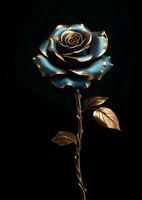 AI Generative blue rose with gold leaves on a black background photo