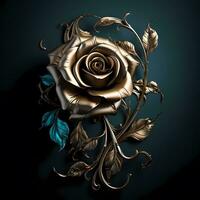 AI Generative golden rose with blue leaves on a black background photo