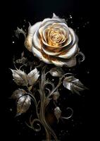 AI Generative rose with gold leaves and silver petals photo