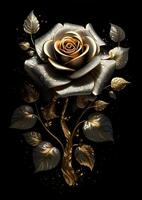 AI Generative golden rose with leaves on black background photo