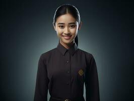 Smiling young woman of Asian descent dressed in elegant dress AI Generative photo