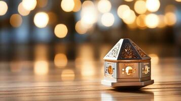 Dreidel spinning on wood floor with blurred lights photo