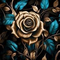 AI Generative rose with blue and gold leaves on a black background photo