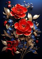ai generativo ramo de flores de rojo, azul y oro flores foto