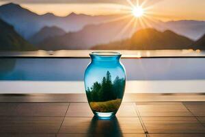 a vase with a mountain view in the background. AI-Generated photo