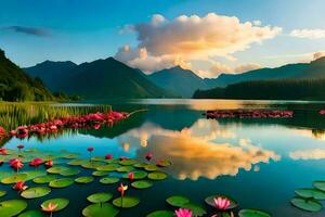 the lake is full of pink lillies and water lilies. AI-Generated photo