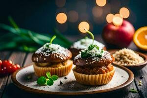 three mini muffins with toppings on a plate. AI-Generated photo