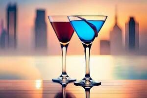 two glasses of blue and red cocktails on a table in front of a city skyline. AI-Generated photo